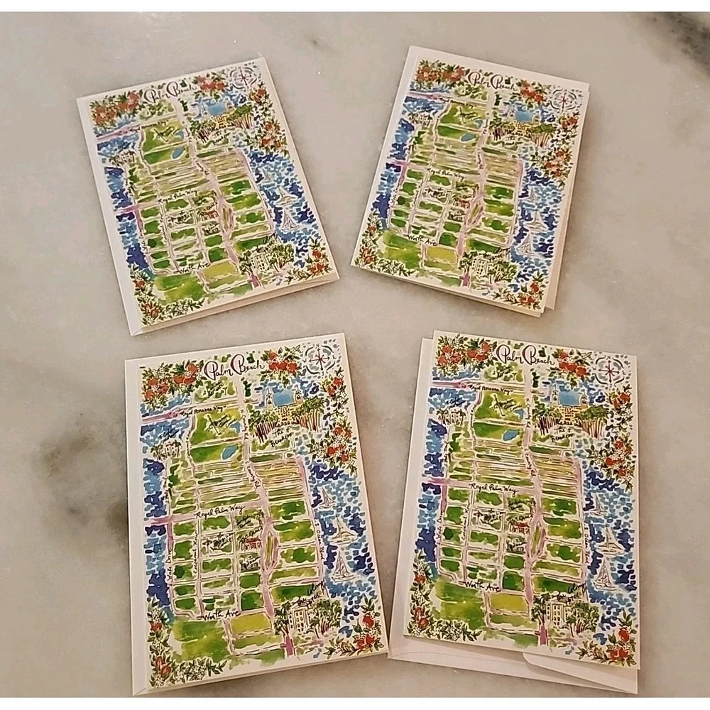 LILLY PULITZER Blank NOTE CARD SET OF 4 Palm Beach Map W/Envelopes NEW